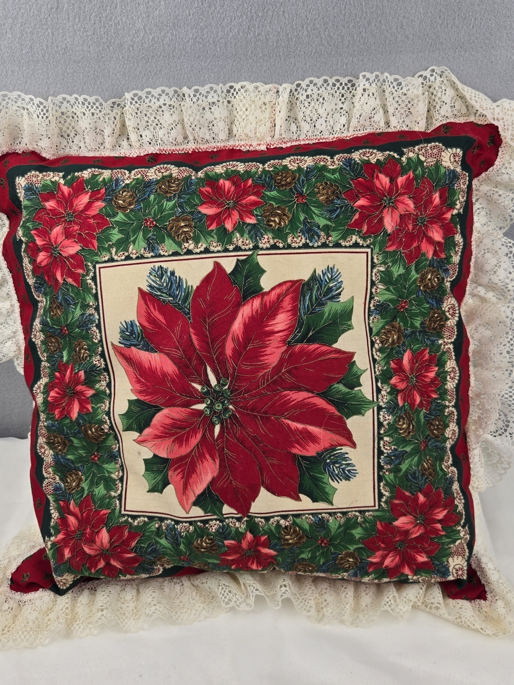 Holiday Poinsettia Decorative Throw Pillow - Red & Green